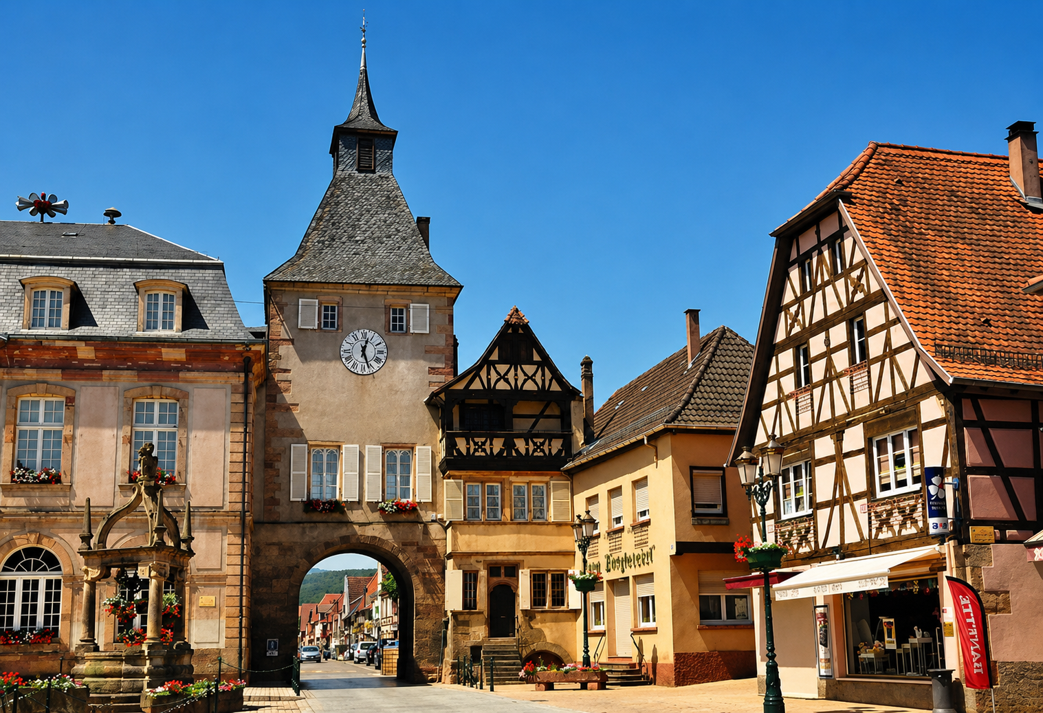 Alsatian village square with half-timbered houses